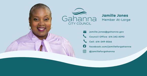 Official header image for Gahanna City Council showing Councilmember Jamille Jones smiling in a lavender blouse, with contact information including email, office phone, cell phone, Facebook, and Instagram displayed beside her name and title, Member At-Large.