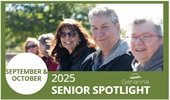 photo of senior center members sitting together smiling on a sunny day with text 'Sept Oct Senior Spotlight'