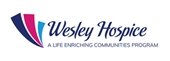 White background with grey text "Wesley Hospice" and a purple, pink and blue swoosh to the left