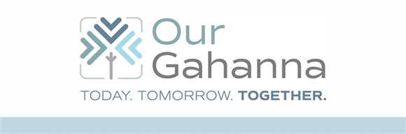 White background with blue and grey Our Gahanna logo of the text and a tree