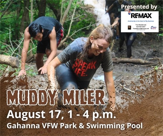 Photo of two people participating in the muddy miler with text "Muddy Miler, August 17 1-4 PM"