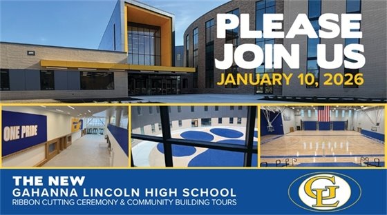 Blue graphic with photos of the new GLHS building and white text "Please Join Us, January 10, 2026"