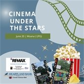 Blue graphic with movie reel and popcorn with text "Cinema Under the Stars, Moana 2"