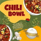 Green and yellow graphic with bowls of chili, a golf ball with a ribbon titled "50th Anniversary" and the title "chili bowl" in red
