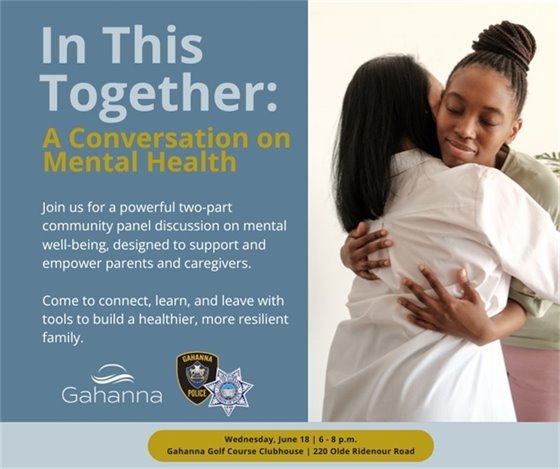 blue graphic with photo of two people hugging and text In This Together: A Conversation on Mental Health