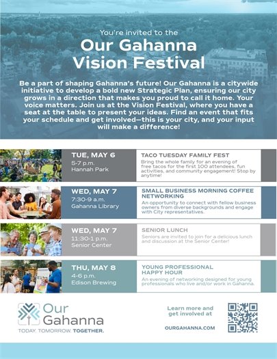 Graphic with text "You're Invited to the Our Gahanna Vision Festival" and a list of the events