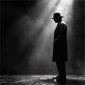 black and white image of a detective standing alone on the street