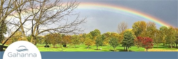 Fall image of Woodside Green Park with leaves turning colors and falling off trees