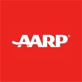 AARP logo on a red background with white text