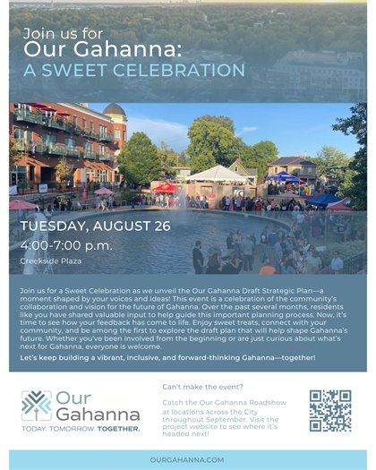 Blue graphic with photo of Creekside and text "You're Invited to Our Gahanna: A Sweet Celebration"