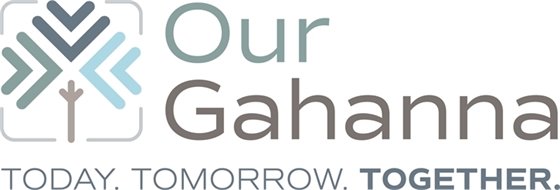White background with blue and grey Our Gahanna logo of the text and a tree