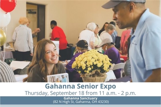 Image of a senior resident talking to a vendor at the Senior Expo. Blue bar at the bottom has white text that reads "Senior Expo Thurs, Sep 18 11 a.m. - 2 p.m."