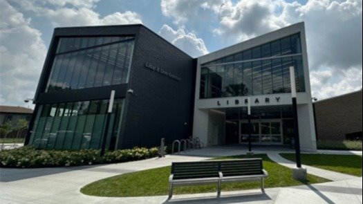 Front view of the Gahanna Library building on a sunny day