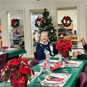 Gahanna resident smiling at the Senior Holiday Brunch