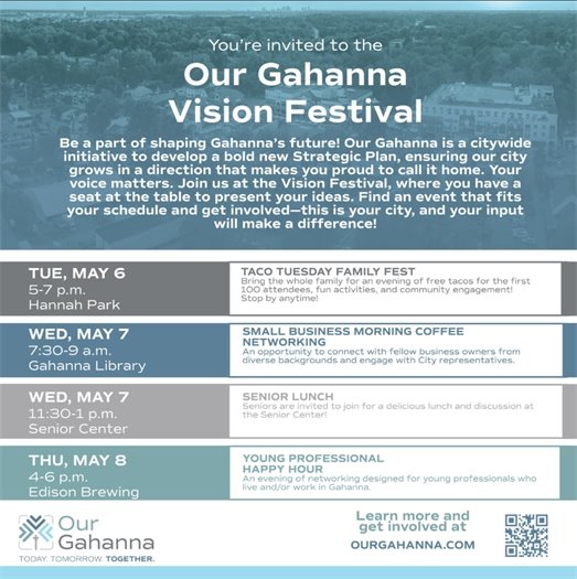 Graphic with text "You're Invited to the Our Gahanna Vision Festival" and a list of the events
