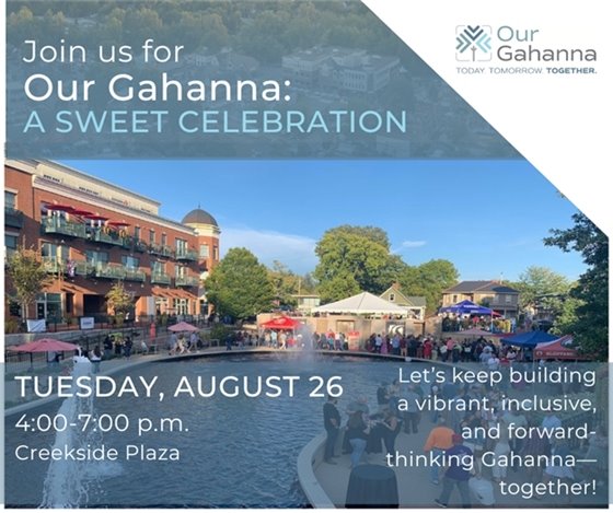 Blue graphic with cityscape of Gahanna and Creekside with text "Our Gahanna: A sweet celebration"