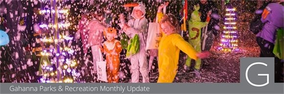 Kids in Halloween costumes dancing around in fake snow during the Great Gahanna Goblin Fest
