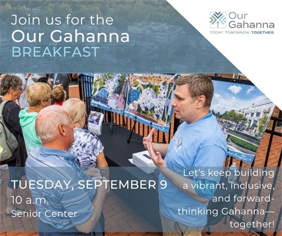 Photo of Gahanna staff talking to senior resident about the Our Gahanna Strategic Plan and text "You're Invite to the Our Gahanna Breakfast"
