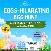 Eggs-hilarating egg hunt graphic, blue sky with clouds, at the bottom is grass with decorated eggs and two bunnies