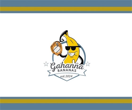 A white graphic with a blue and gold stripe at the top and bottom. Gahanna banana in the middle wearing sunglasses and holding a baseball mit.