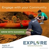 A graphic of two seasonal employees helping a resident in a kayak with the words "Engage with your community" and "Grow in Gahanna" toward the top
