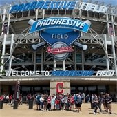 senior center members standing in front of Progressive Stadium before a Guardians Game