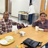 two senior center members enjoying lunch together during Lunch Wednesday