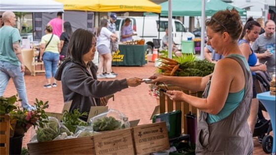 A woman purchasing locally grown produce from a vendor at the Gahanna Market