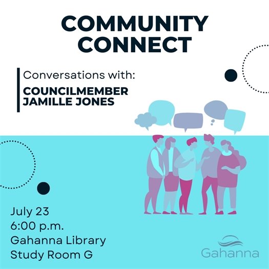 Image promoting "Community Connect" event with Councilmember Jamille Jones on July 23 at 6:00 p.m., Gahanna Library, Study Room G. Gahanna logo included.
