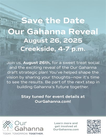 Blue cityscape with text "save the date, our gahanna reveal, august 26, 2025"
