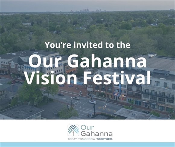 Cityscape of Gahanna with the text You're Invited to the Our Gahanna Vision Festival