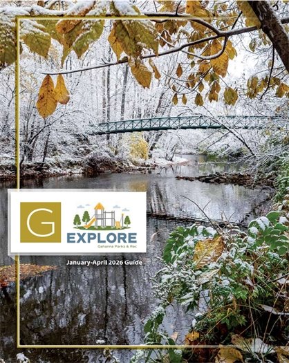 Cover of Jan-Apr Explore Guide with a picture of a snowy river and a bridge with yellow Gahanna G logo on the left side