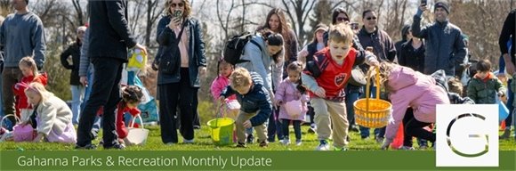A crowd of children with easter baskets picking up eggs during an egg-hunt