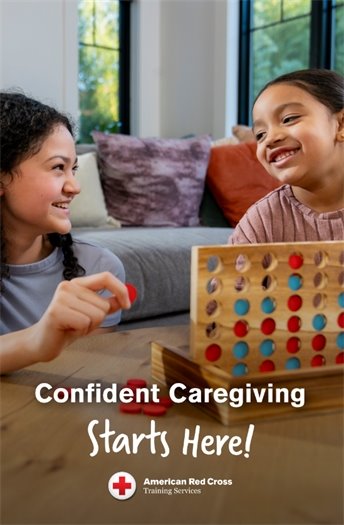 American Red Cross flyer with a babysitter and child playing connect 4