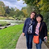 Two senior center members on an outdoor day trip