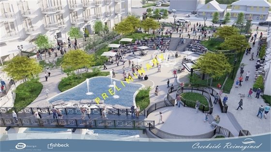 rendering of a new creekside project with blue bar at the bottom with white text that reads "creekside reimagined"