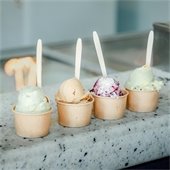 Four cups with a scoop of ice cream in them sitting on a counter in a row