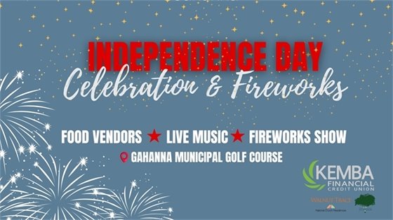 Red, white and blue graphic with Gahanna Independence Day Celebration and sponsor logos.