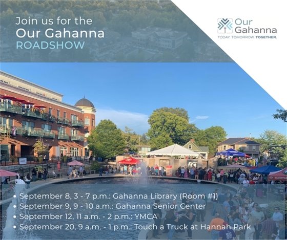 Image of Creekside full of people on a sunny day with text "Join us for the Our Gahanna Road Show"