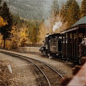 A train driving through trees and mountains in the fall