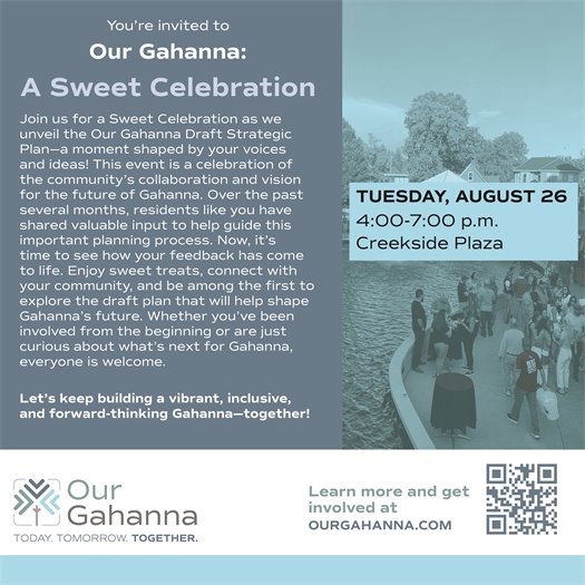 Blue graphic with "Our Gahanna: A Sweet Celebration" and information on the event