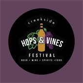 Purple background with a black circle and Hops & Vines Logo.