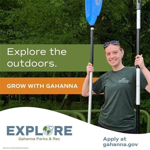 Parks and recreation seasonal employee holding kayak oars with the text "Explore the Outdoors, Grow with Gahanna"