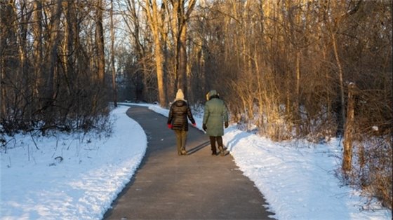 Two people walking on a cleared trail in a snowy park