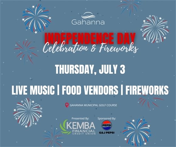 Blue graphic with fireworks and stars, text "Independence Day Celebration, Live Music, Food Vendors, Firework Show