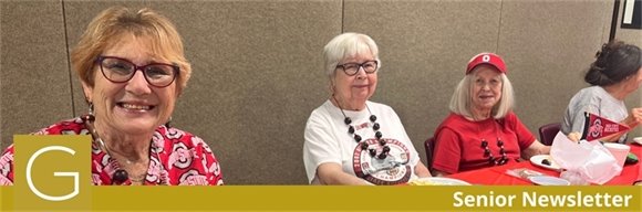 Photo of senior center members dressed in OSU Buckeye gear smiling together