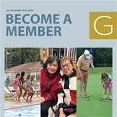 A graphic with the words "become a member" at the top, below is a picture of children jumping into a pool, senior residents smiling, and a man teaching a child golf