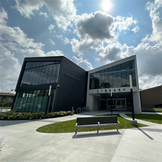 View of Gahanna Library from parking lot on a sunny day
