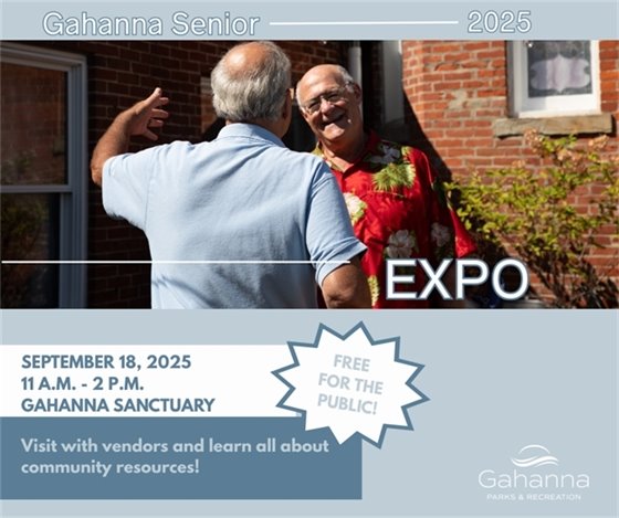 Blue graphic with two seniors going in for a hug and text "Senior Expo, September 18"