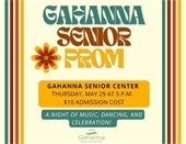 Flyer with text Gahanna Senior Prom in the middle and stripes on the side